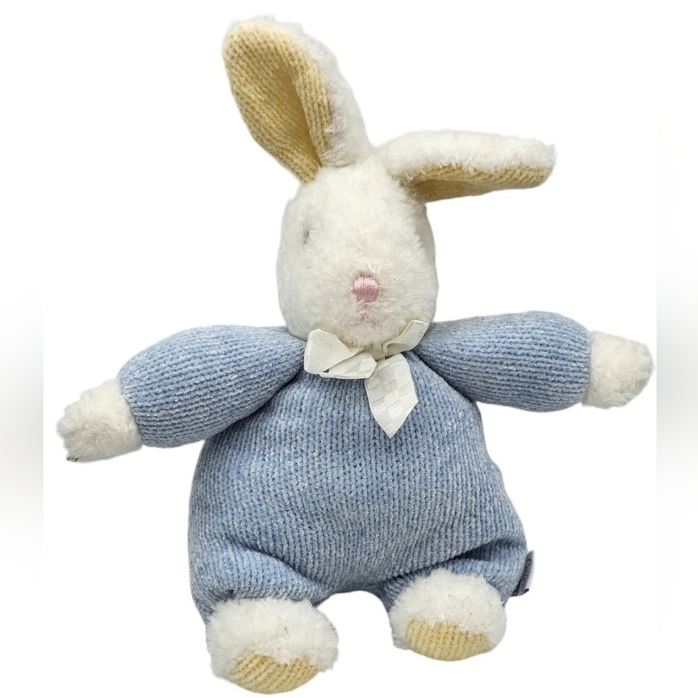 Carters Classics Blue Knit Bunny Rabbit Plush Rattle 14" Stuffed Animal Lovey